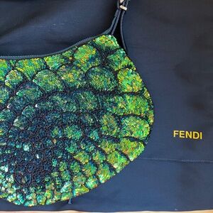Fendi Green/Black Sequins and Leather Small Oyster Hobo